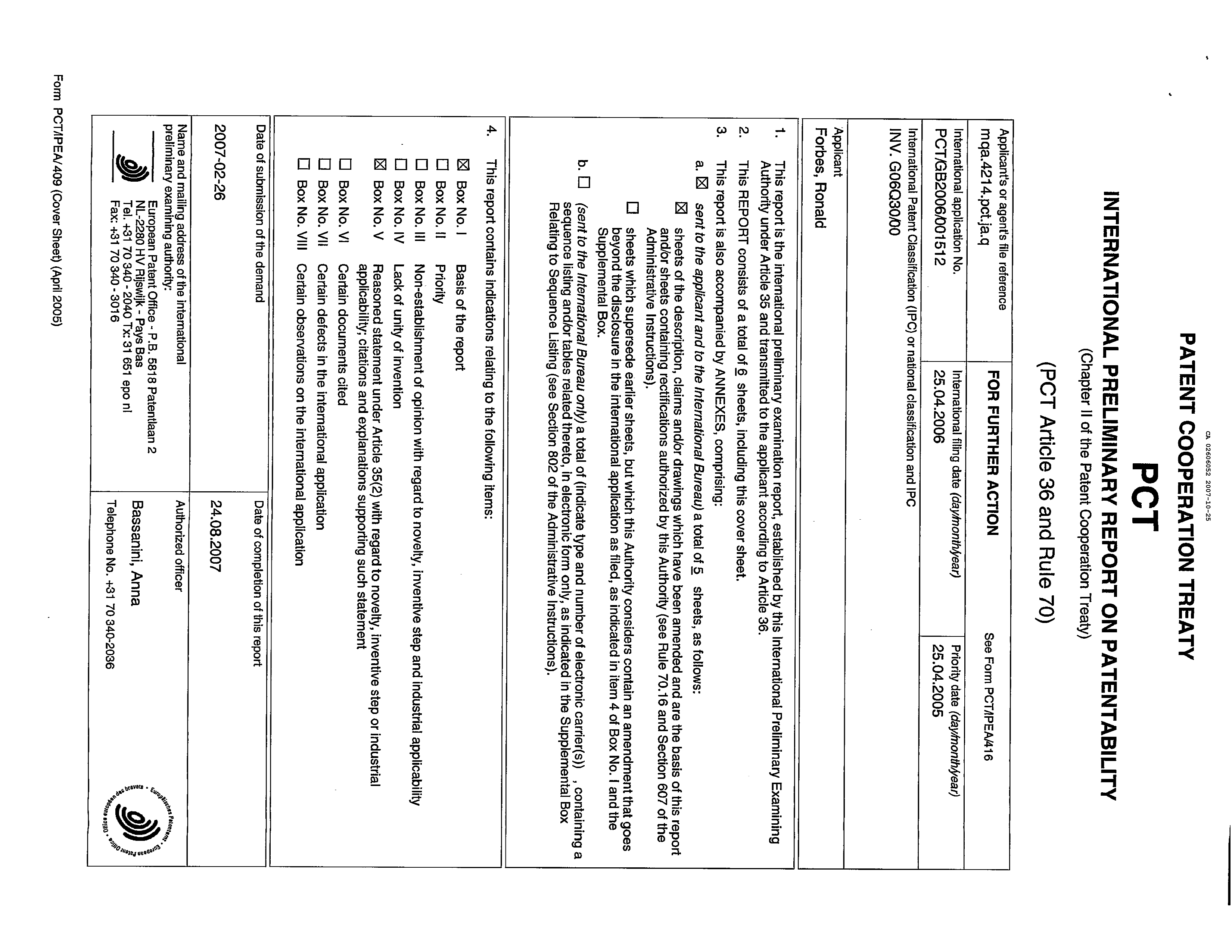 Document de brevet canadien 2606052. PCT 20061225. Image 1 de 11
