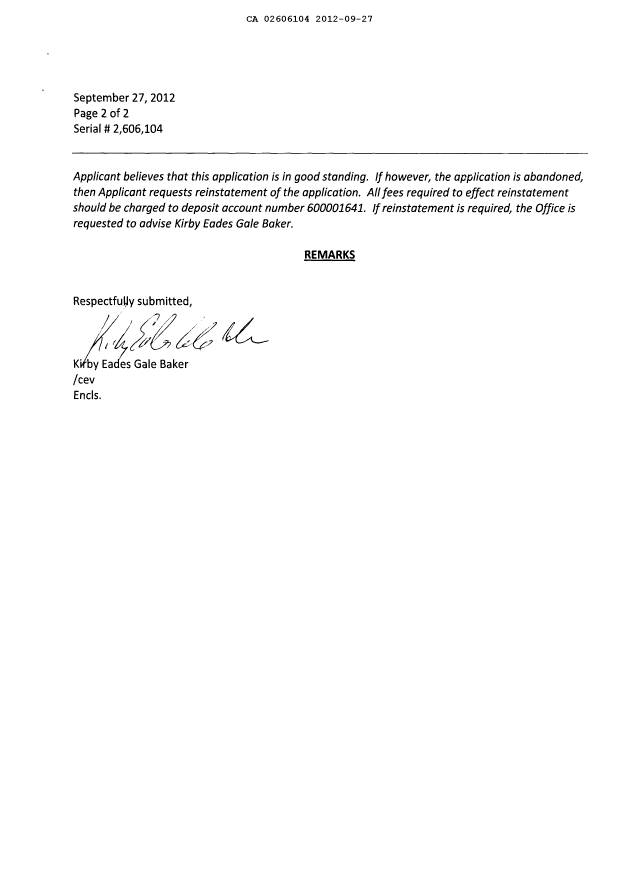 Document de brevet canadien 2606104. Correspondance 20120927. Image 2 de 8