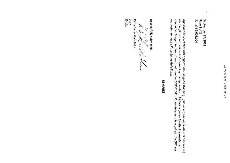 Canadian Patent Document 2606104. Correspondence 20120927. Image 2 of 8