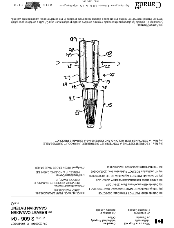 Canadian Patent Document 2606104. Cover Page 20140904. Image 1 of 2