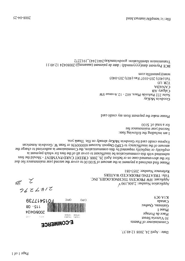 Canadian Patent Document 2606190. Fees 20080424. Image 1 of 1
