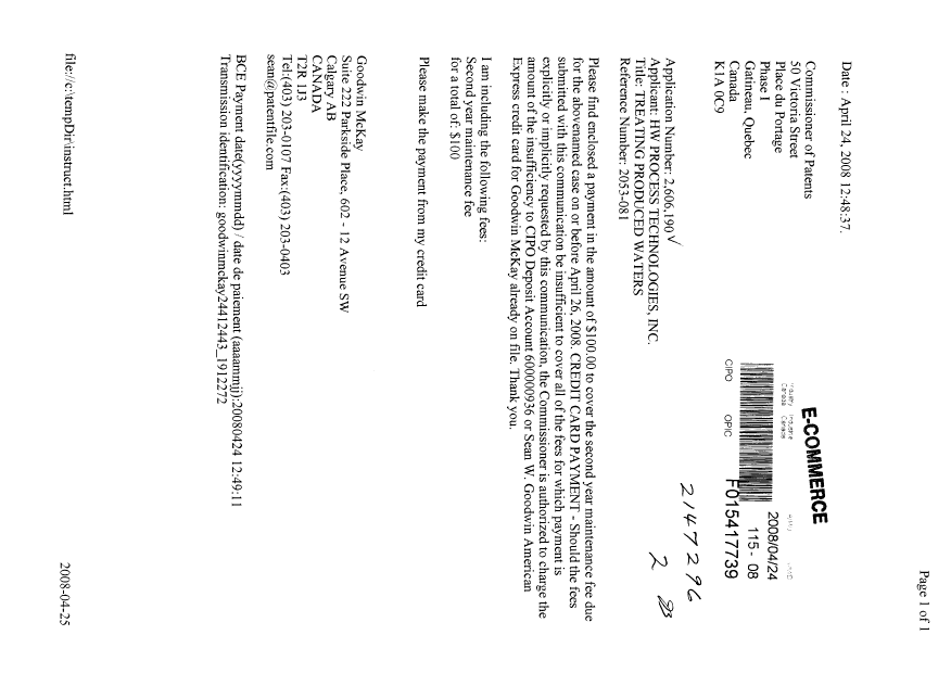 Document de brevet canadien 2606190. Taxes 20080424. Image 1 de 1