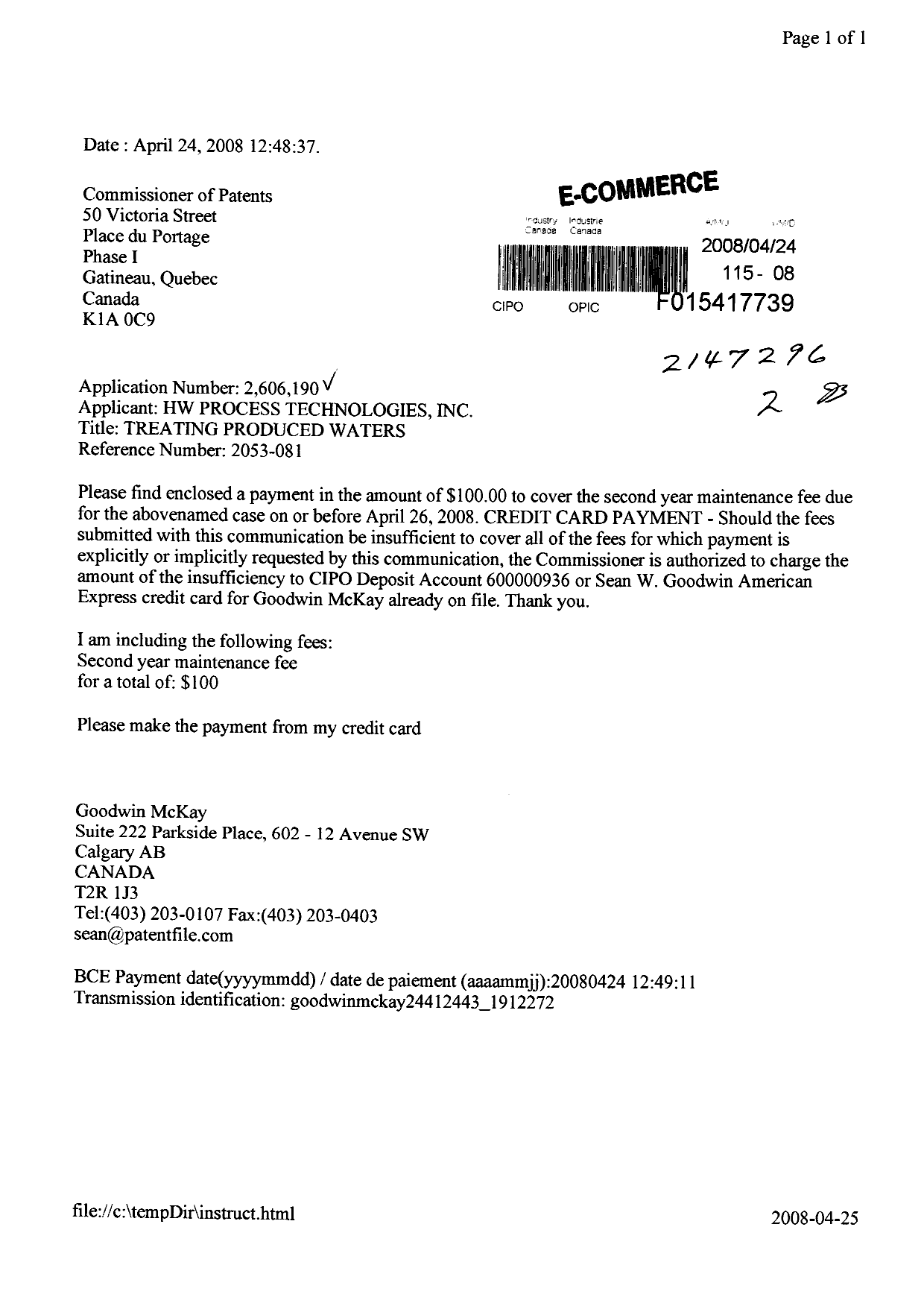 Document de brevet canadien 2606190. Taxes 20080424. Image 1 de 1