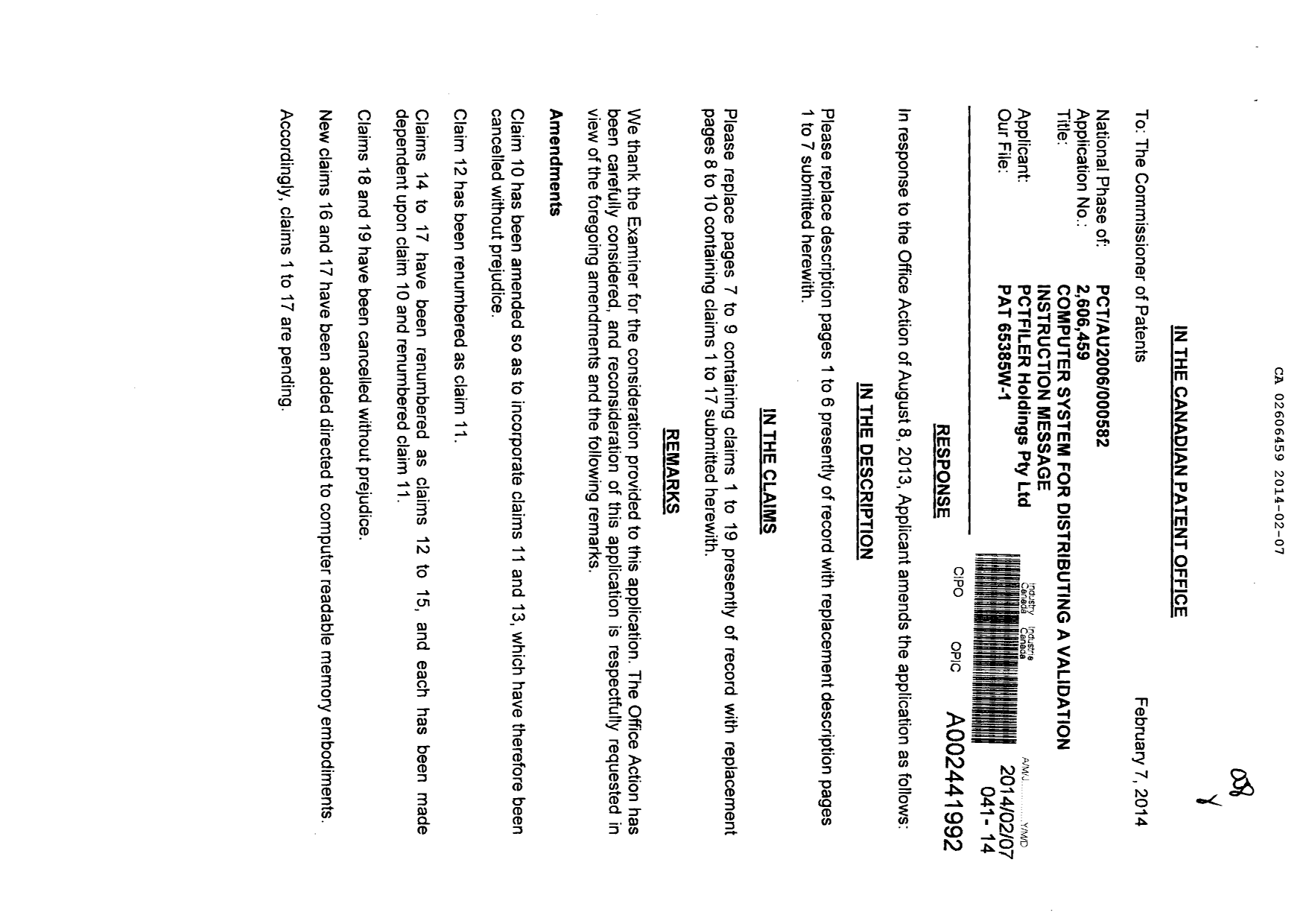 Canadian Patent Document 2606459. Prosecution-Amendment 20131207. Image 1 of 24