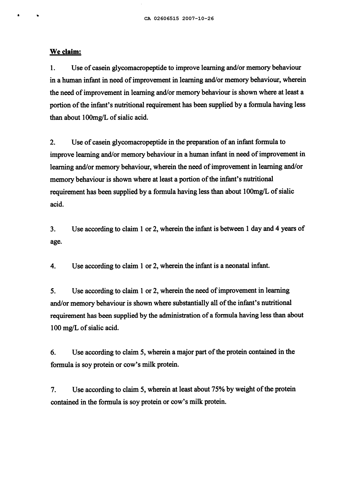 Document de brevet canadien 2606515. Revendications 20071027. Image 1 de 2