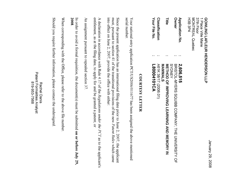 Document de brevet canadien 2606515. Correspondance 20080122. Image 1 de 1