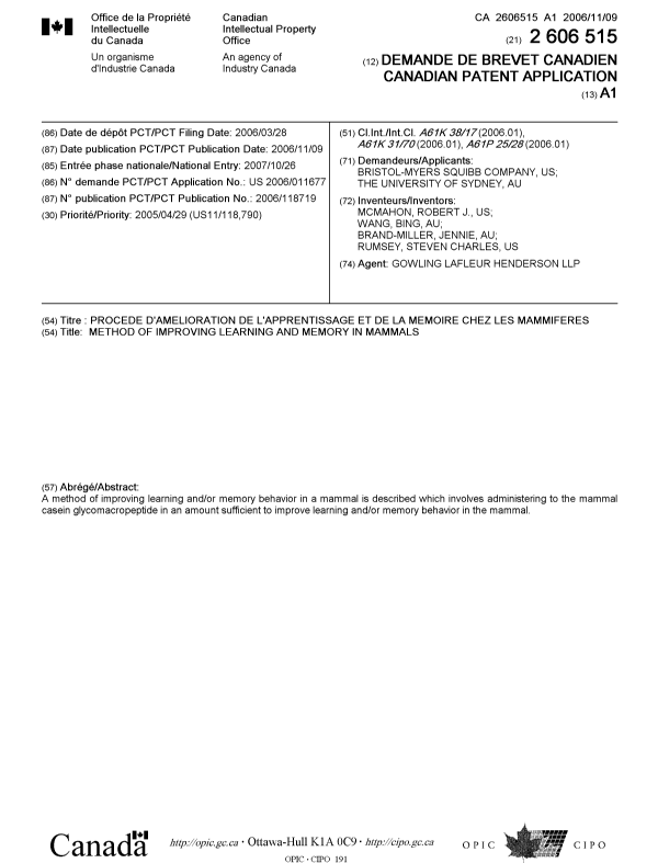 Canadian Patent Document 2606515. Cover Page 20080124. Image 1 of 1