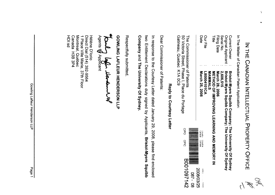 Document de brevet canadien 2606515. Correspondance 20080325. Image 1 de 3