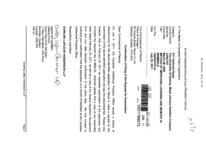Document de brevet canadien 2606515. Poursuite-Amendment 20110725. Image 1 de 5