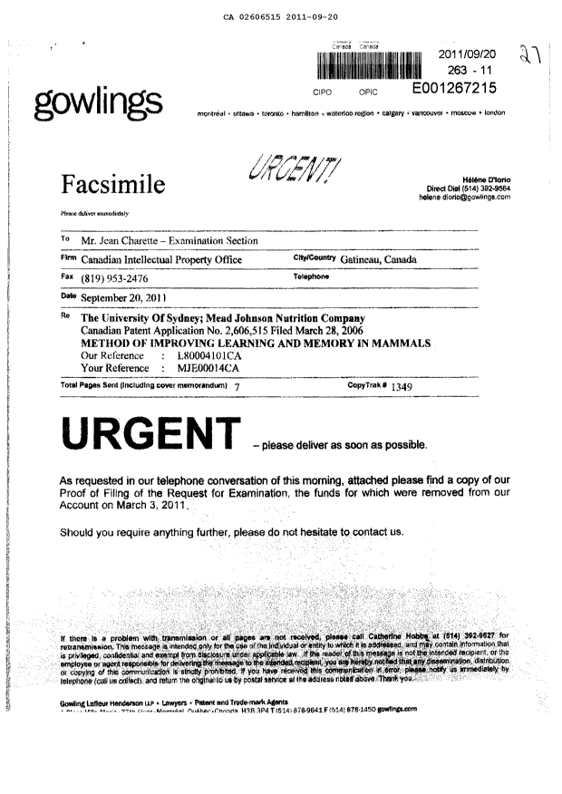 Canadian Patent Document 2606515. Prosecution-Amendment 20110920. Image 1 of 7