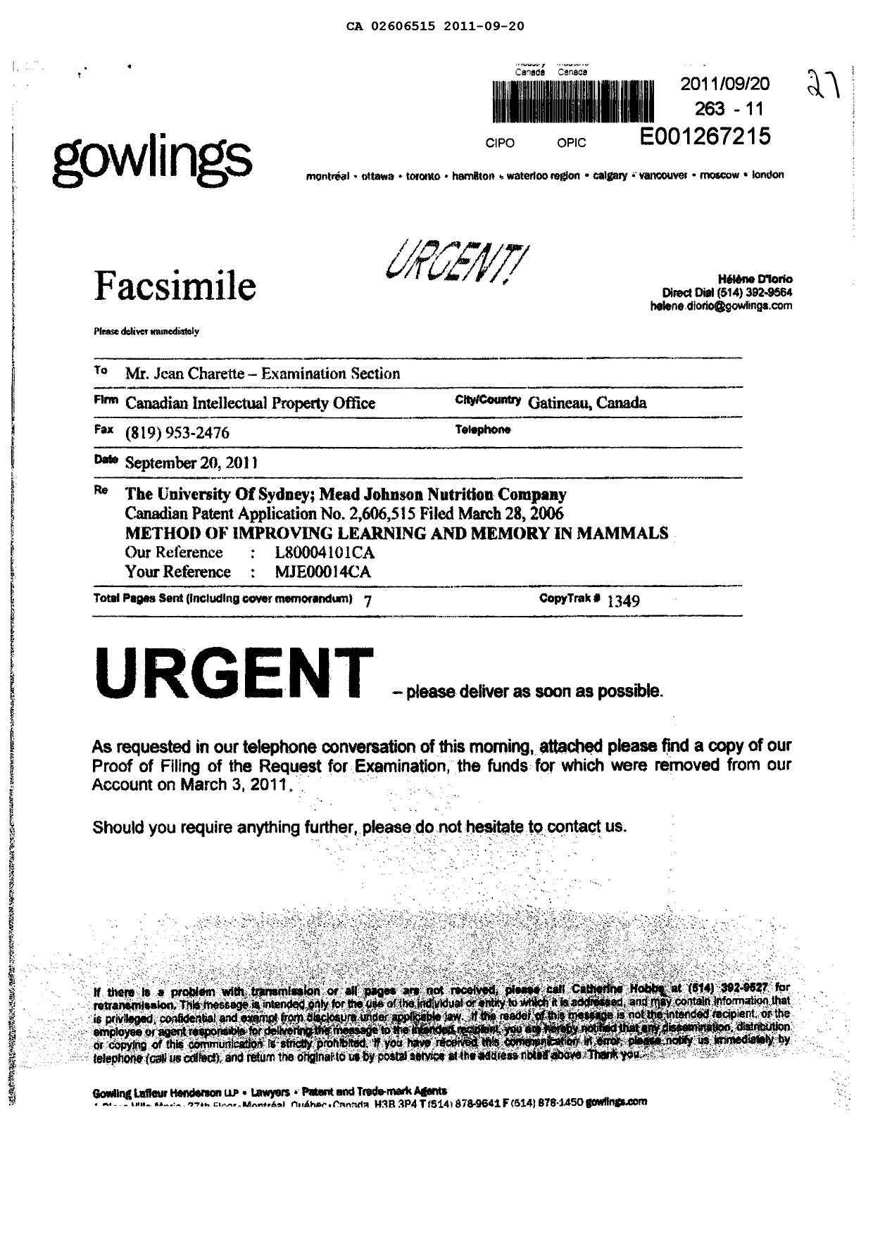 Document de brevet canadien 2606515. Poursuite-Amendment 20110920. Image 1 de 7