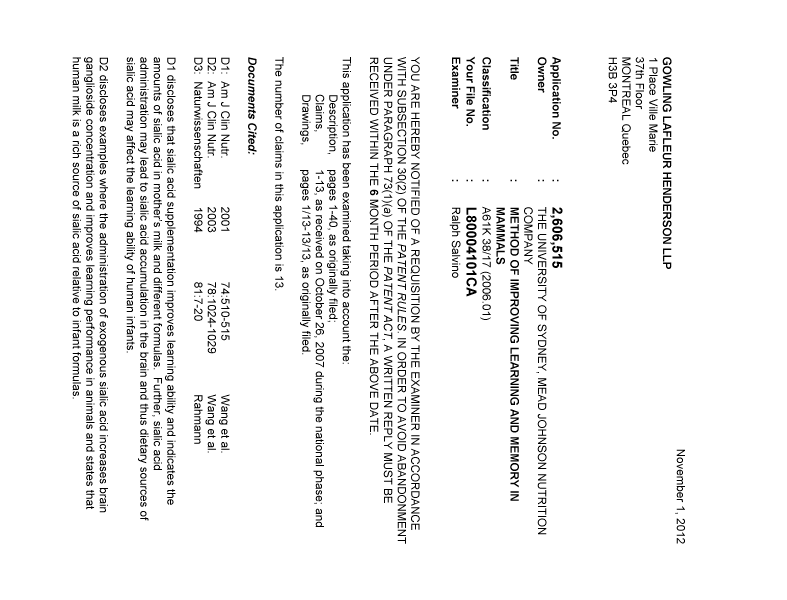Document de brevet canadien 2606515. Poursuite-Amendment 20121101. Image 1 de 3