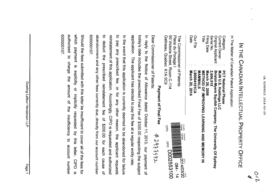 Document de brevet canadien 2606515. Correspondance 20140320. Image 1 de 2