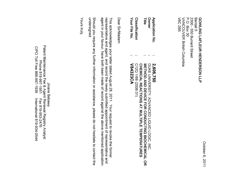Document de brevet canadien 2606750. Correspondance 20111006. Image 1 de 1
