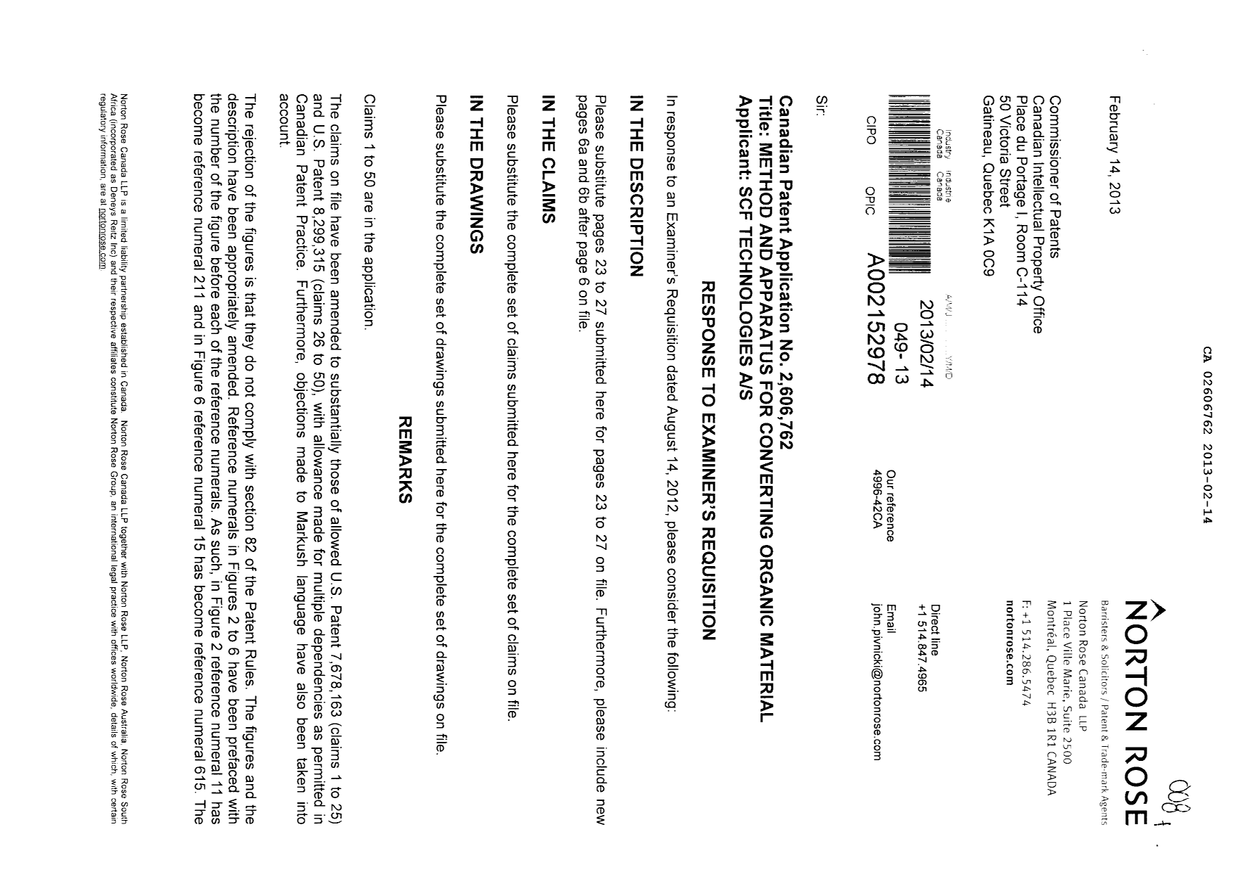 Canadian Patent Document 2606762. Prosecution-Amendment 20130214. Image 1 of 21
