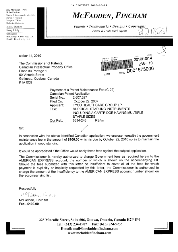 Document de brevet canadien 2607527. Taxes 20101014. Image 1 de 1