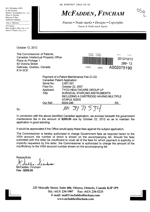Document de brevet canadien 2607527. Taxes 20121012. Image 1 de 1