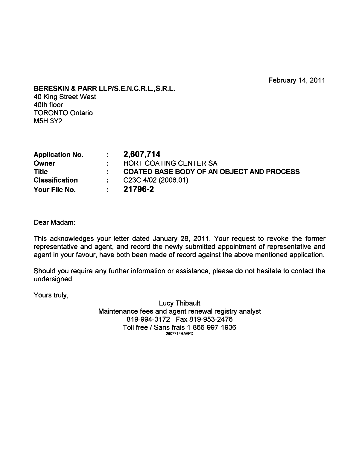 Document de brevet canadien 2607714. Correspondance 20110214. Image 1 de 1