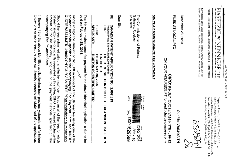 Document de brevet canadien 2607819. Taxes 20101223. Image 1 de 2