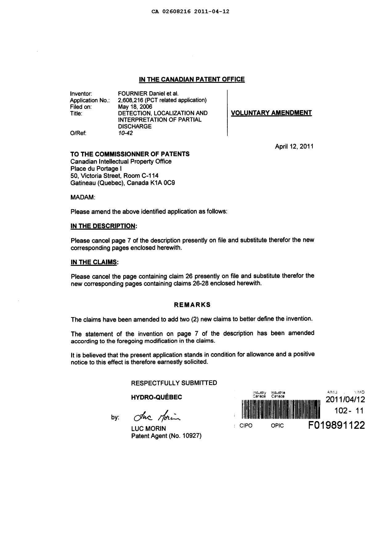 Document de brevet canadien 2608216. Poursuite-Amendment 20101212. Image 2 de 8