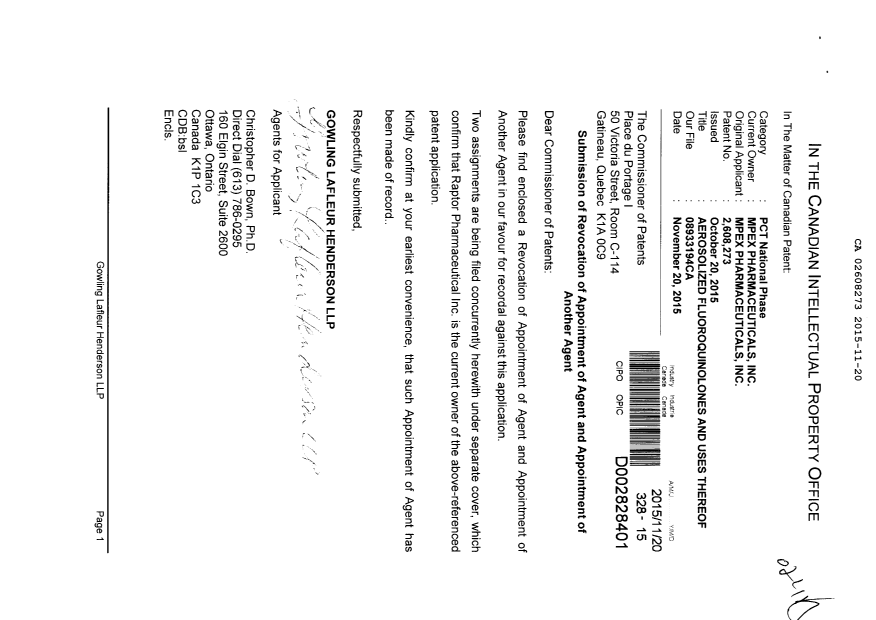 Document de brevet canadien 2608273. Changement de nomination d'agent 20151120. Image 1 de 2
