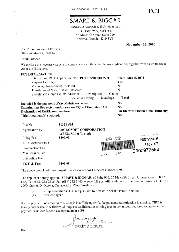 Document de brevet canadien 2608632. Cession 20071115. Image 1 de 2