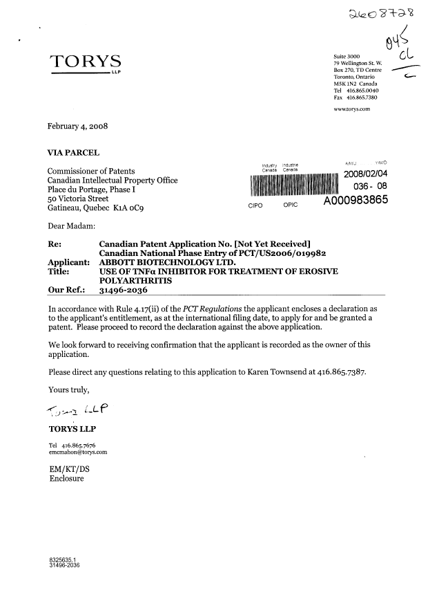 Document de brevet canadien 2608728. Correspondance 20080204. Image 1 de 2