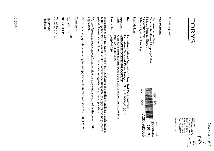 Document de brevet canadien 2608728. Correspondance 20080204. Image 1 de 2