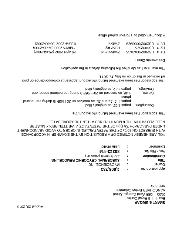 Canadian Patent Document 2608783. Prosecution-Amendment 20130820. Image 1 of 5