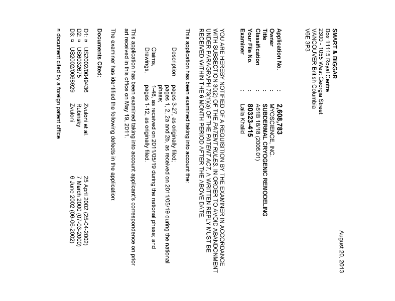 Document de brevet canadien 2608783. Poursuite-Amendment 20130820. Image 1 de 5