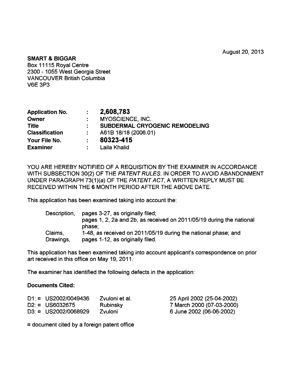 Document de brevet canadien 2608783. Poursuite-Amendment 20130820. Image 1 de 5