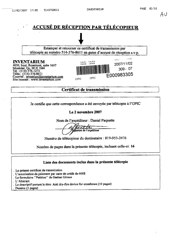 Canadian Patent Document 2609034. Assignment 20071102. Image 1 of 3
