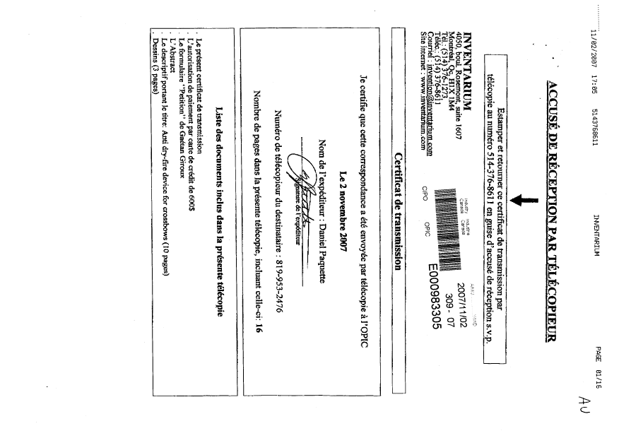 Document de brevet canadien 2609034. Cession 20071102. Image 1 de 3