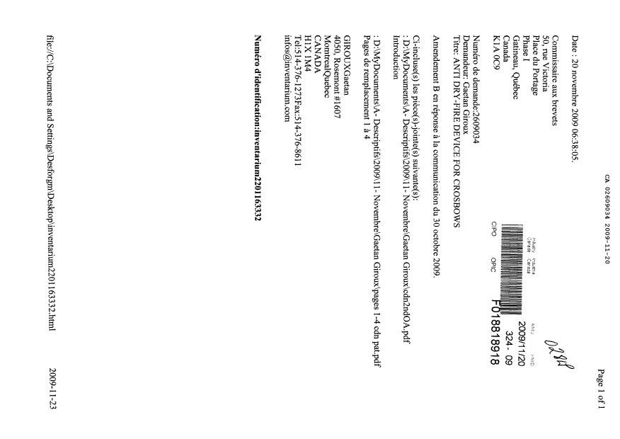 Document de brevet canadien 2609034. Correspondance 20091120. Image 1 de 6