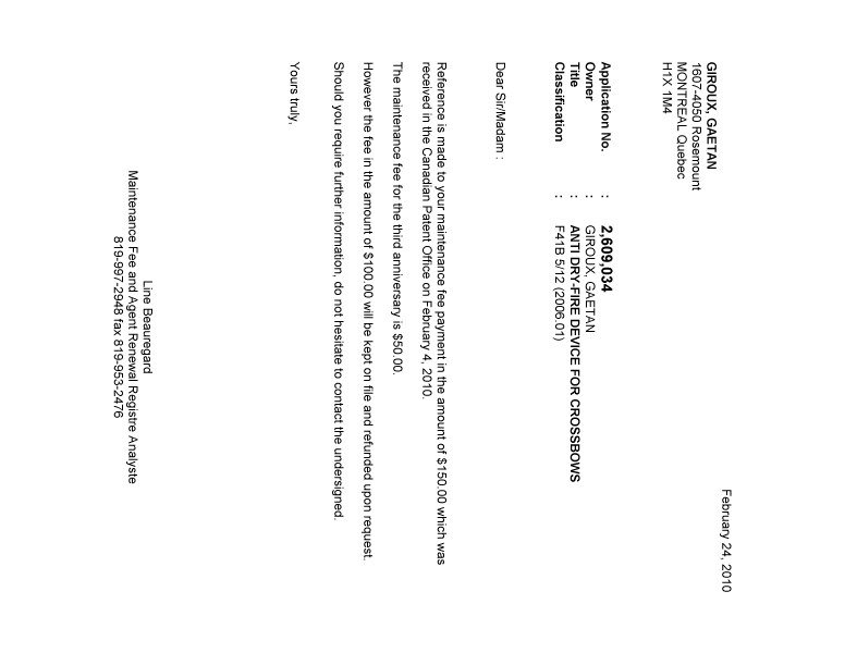 Document de brevet canadien 2609034. Correspondance 20100224. Image 1 de 1