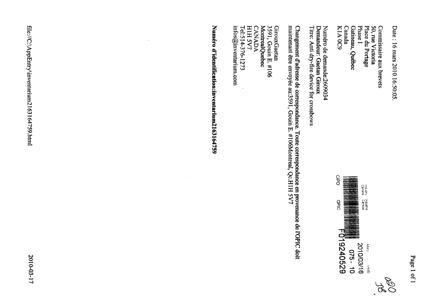 Document de brevet canadien 2609034. Correspondance 20100316. Image 1 de 1