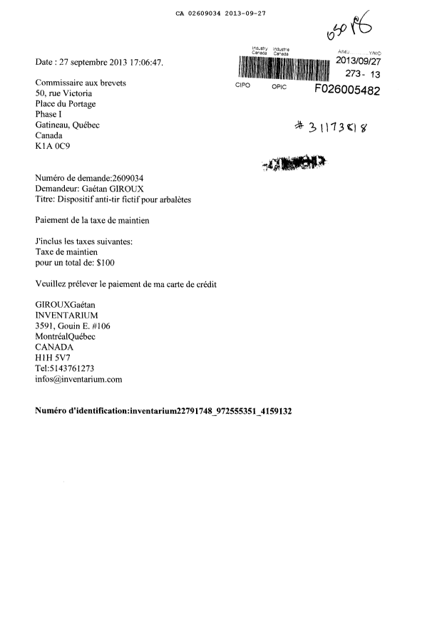 Canadian Patent Document 2609034. Fees 20130927. Image 1 of 1