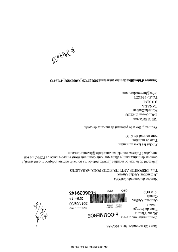 Canadian Patent Document 2609034. Fees 20131230. Image 1 of 1