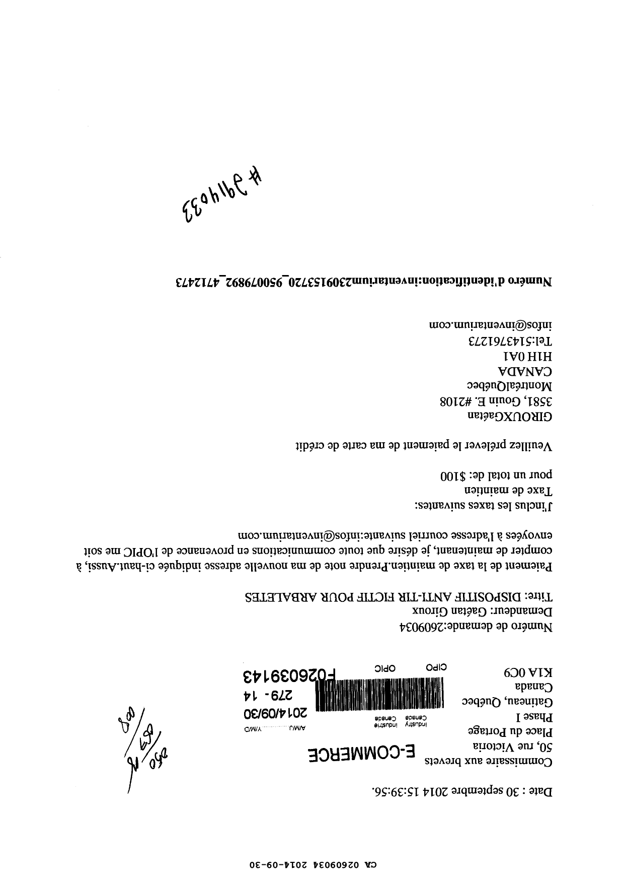 Document de brevet canadien 2609034. Correspondance 20131230. Image 1 de 1