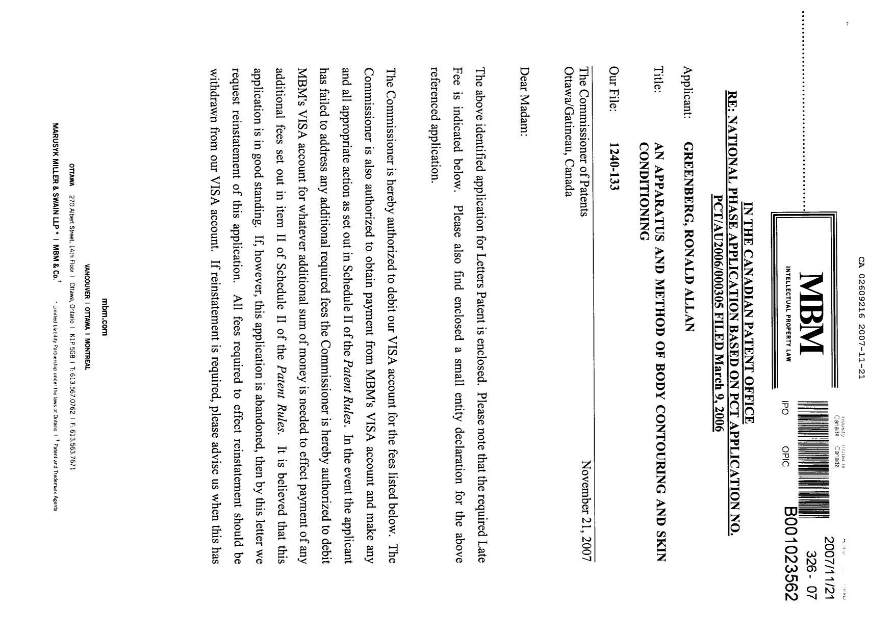 Document de brevet canadien 2609216. Cession 20071121. Image 1 de 5