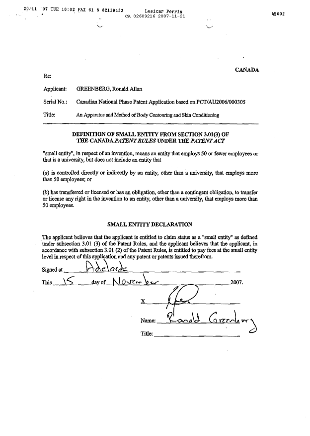 Document de brevet canadien 2609216. Cession 20071121. Image 3 de 5