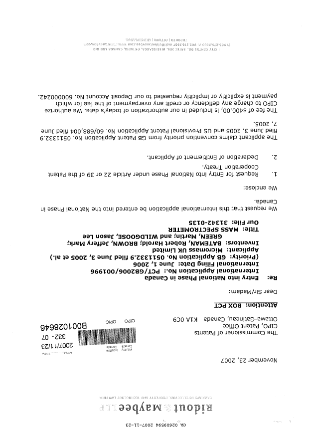 Canadian Patent Document 2609594. Assignment 20071123. Image 1 of 5