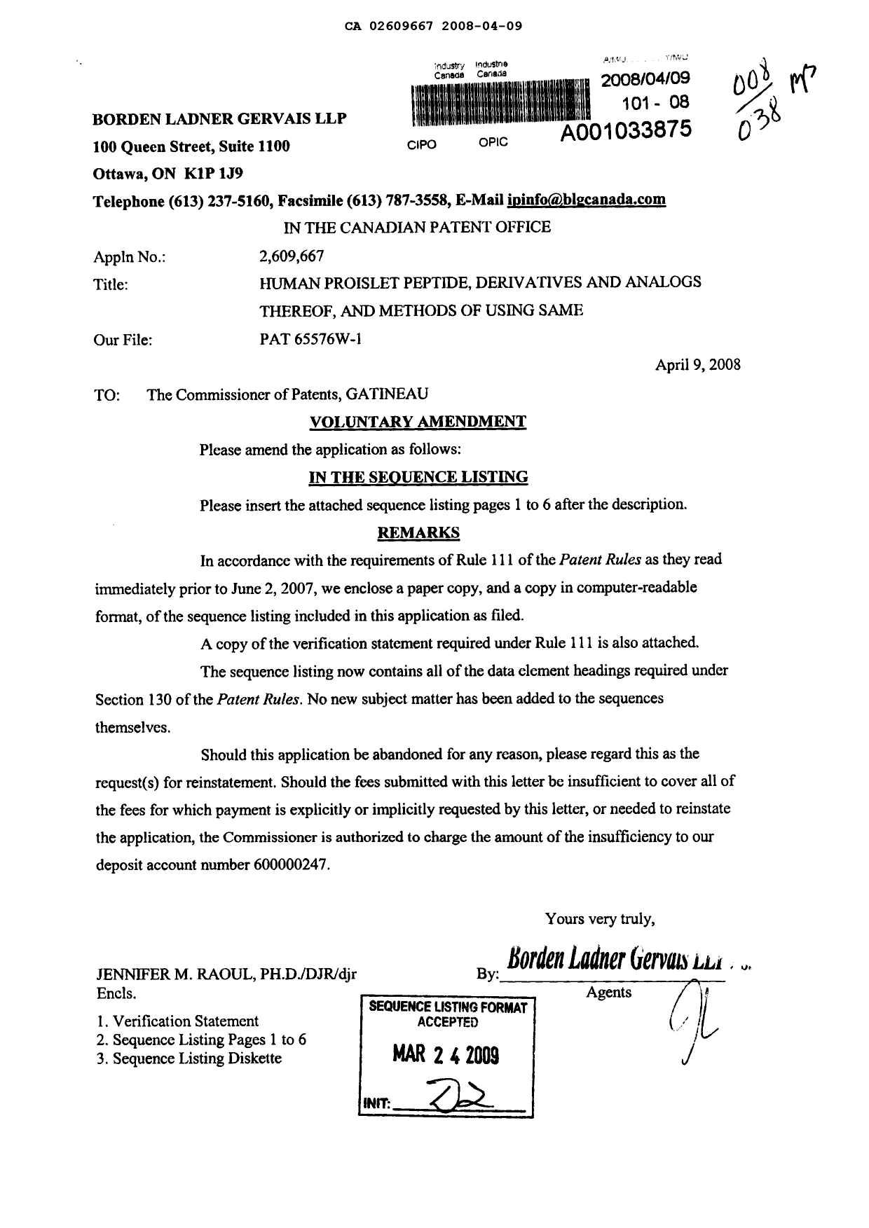 Canadian Patent Document 2609667. Prosecution-Amendment 20080409. Image 1 of 8