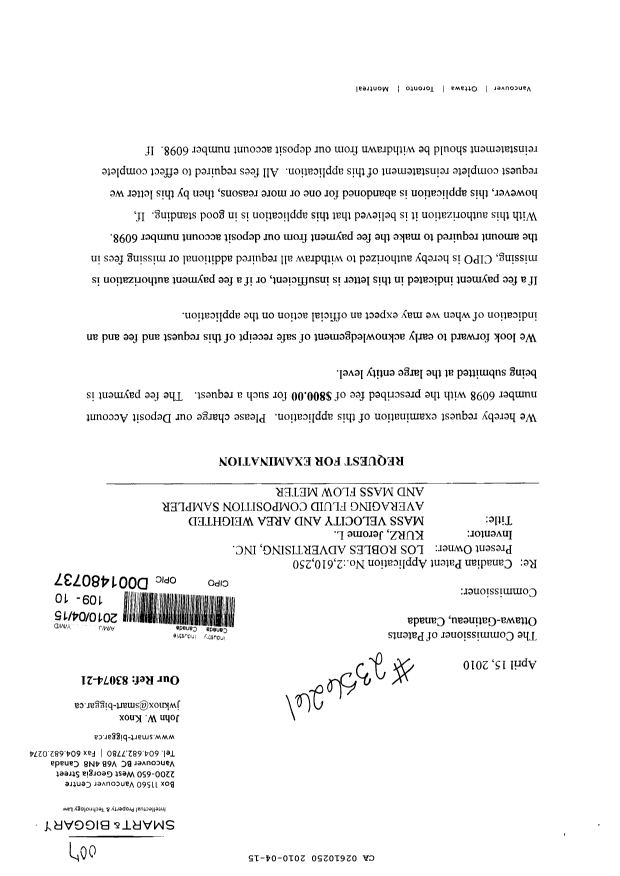 Canadian Patent Document 2610250. Prosecution-Amendment 20100415. Image 1 of 2