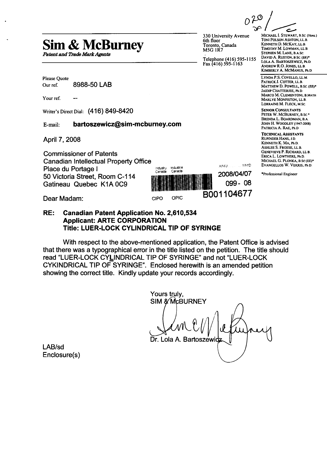 Canadian Patent Document 2610534. Prosecution-Amendment 20080407. Image 1 of 3