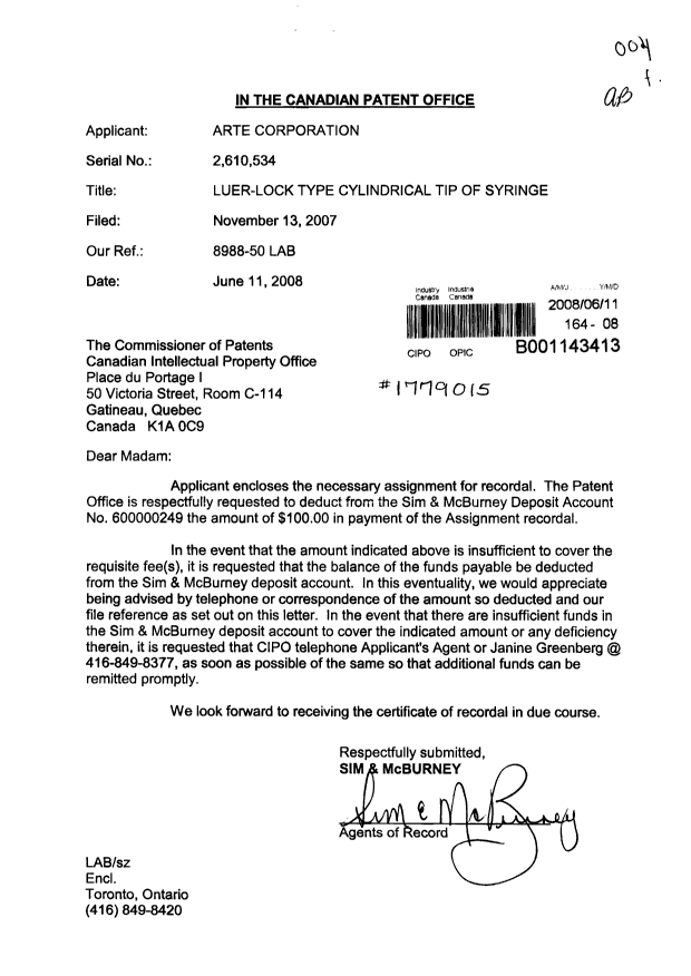 Document de brevet canadien 2610534. Cession 20080611. Image 1 de 3