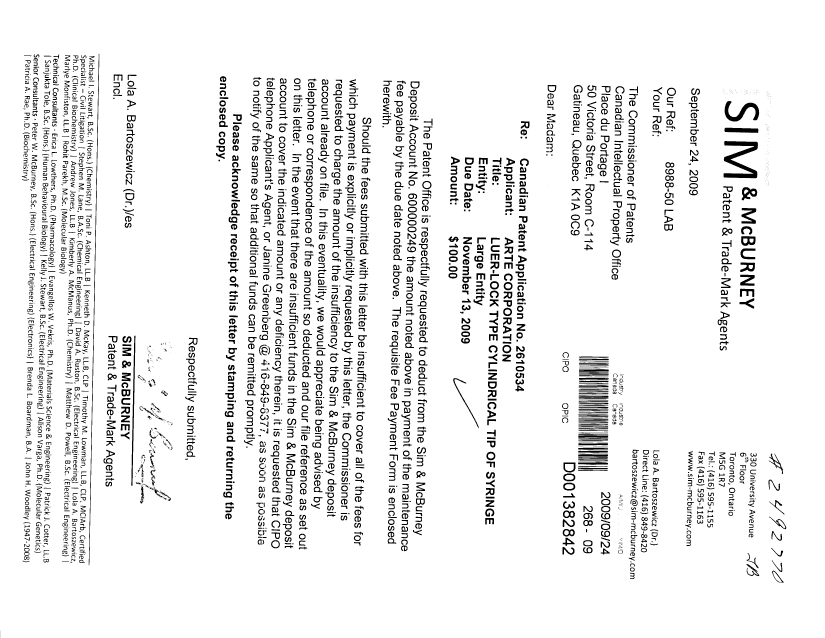 Canadian Patent Document 2610534. Fees 20090924. Image 1 of 2