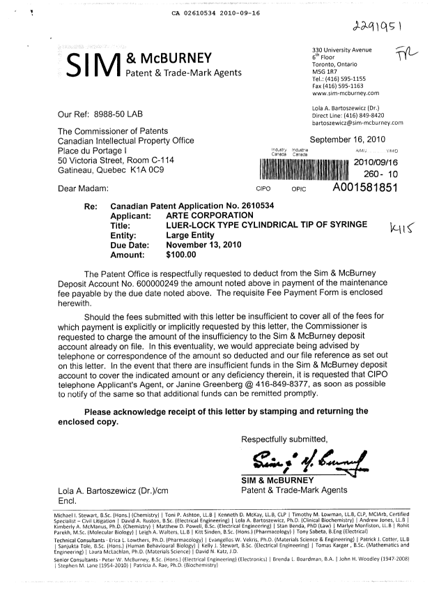 Document de brevet canadien 2610534. Taxes 20100916. Image 1 de 1