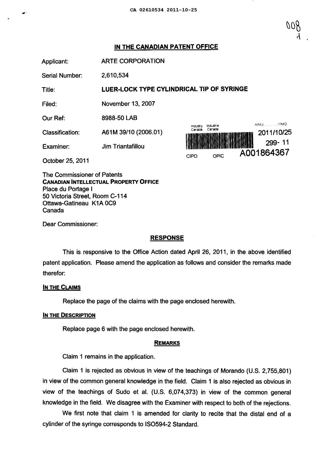 Canadian Patent Document 2610534. Prosecution-Amendment 20111025. Image 1 of 5