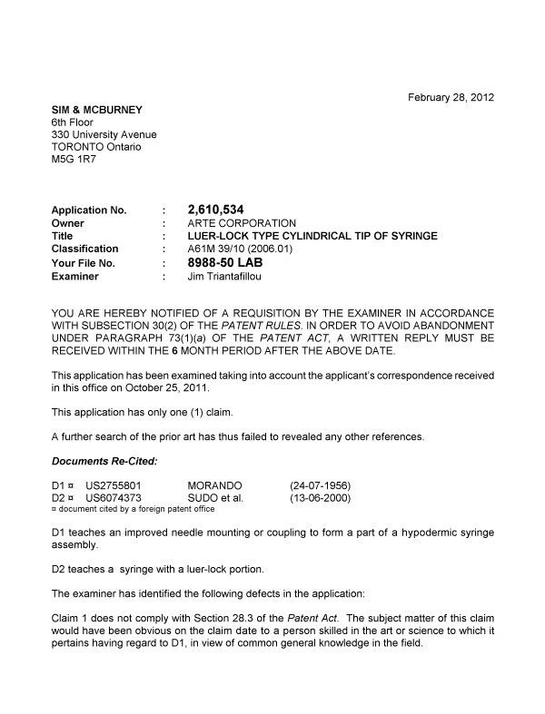 Canadian Patent Document 2610534. Prosecution-Amendment 20120228. Image 1 of 3
